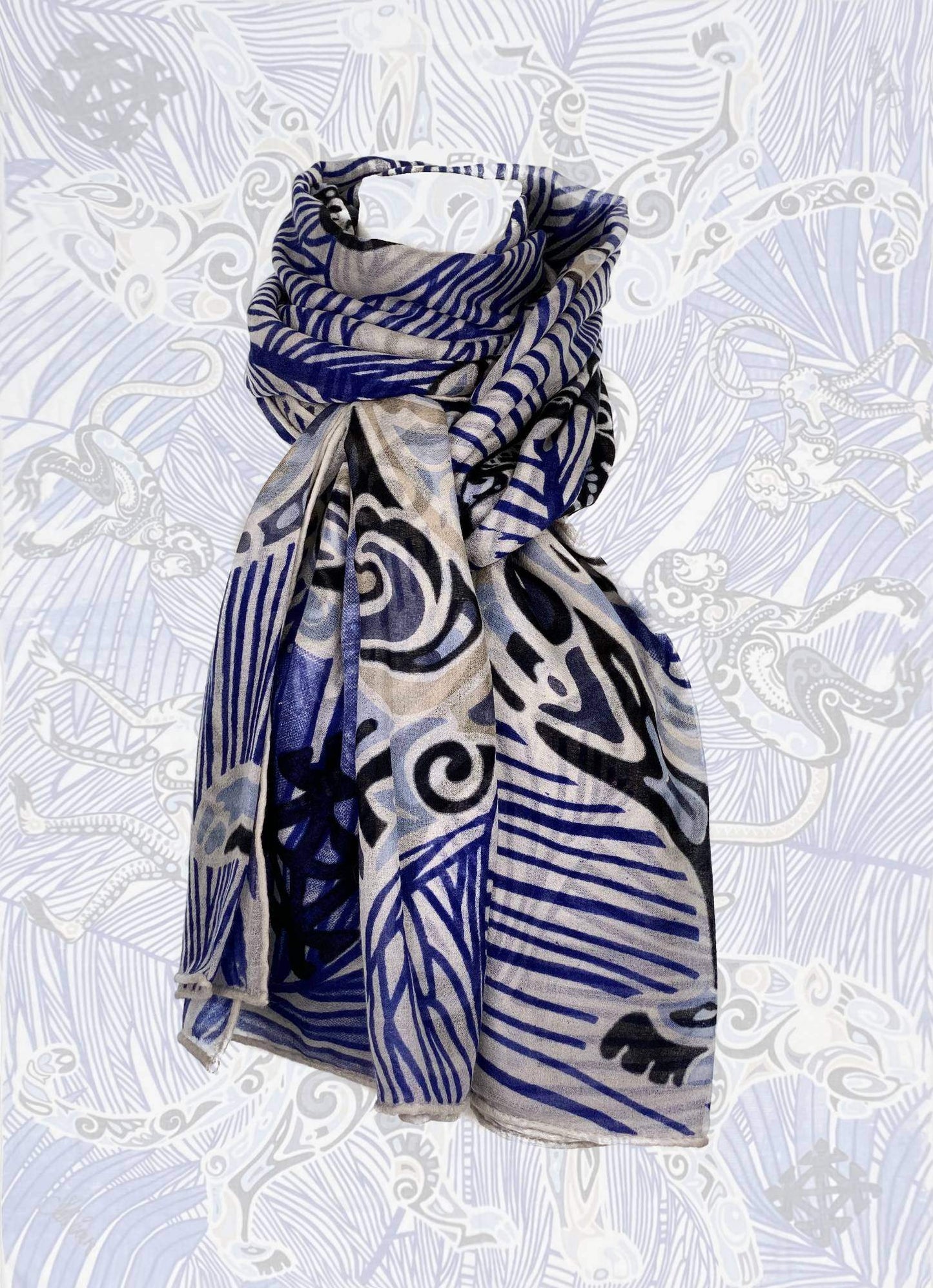 Kaschmir XL Schal BLUE JUNGLE, 140x200 cm, federleicht, Unikat, Motiv