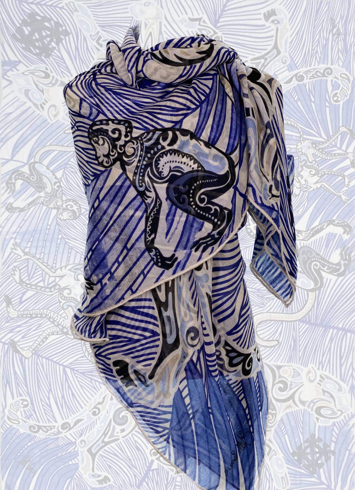 Kaschmir XL Schal BLUE JUNGLE, 140x200 cm, federleicht, Unikat, Motiv