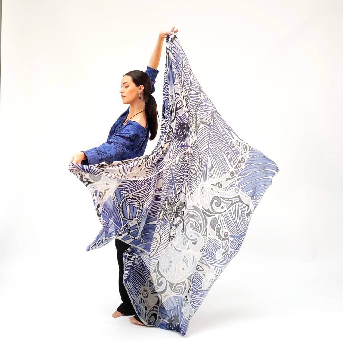 Kaschmir XL Schal BLUE JUNGLE, 140x200 cm, federleicht, Unikat, Motiv