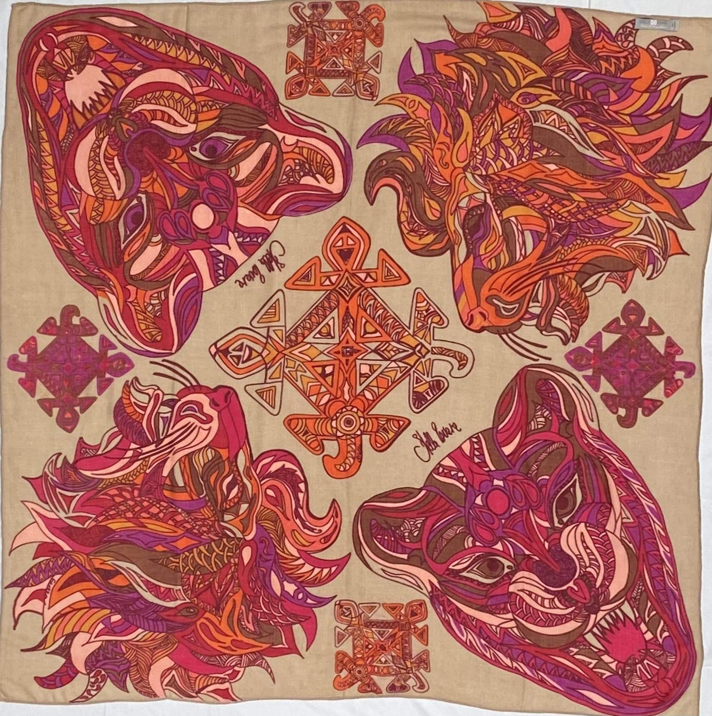 Carré Tuch, 100%  Kaschmir WILD LIFE,  150x150, Orange-Beige-pink, Limitiert