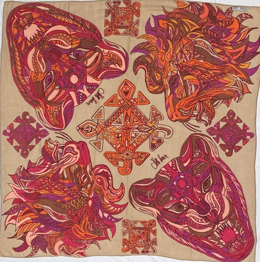 Carré Tuch, 100%  Kaschmir WILD LIFE,  150x150, Orange-Beige-pink, Limitiert