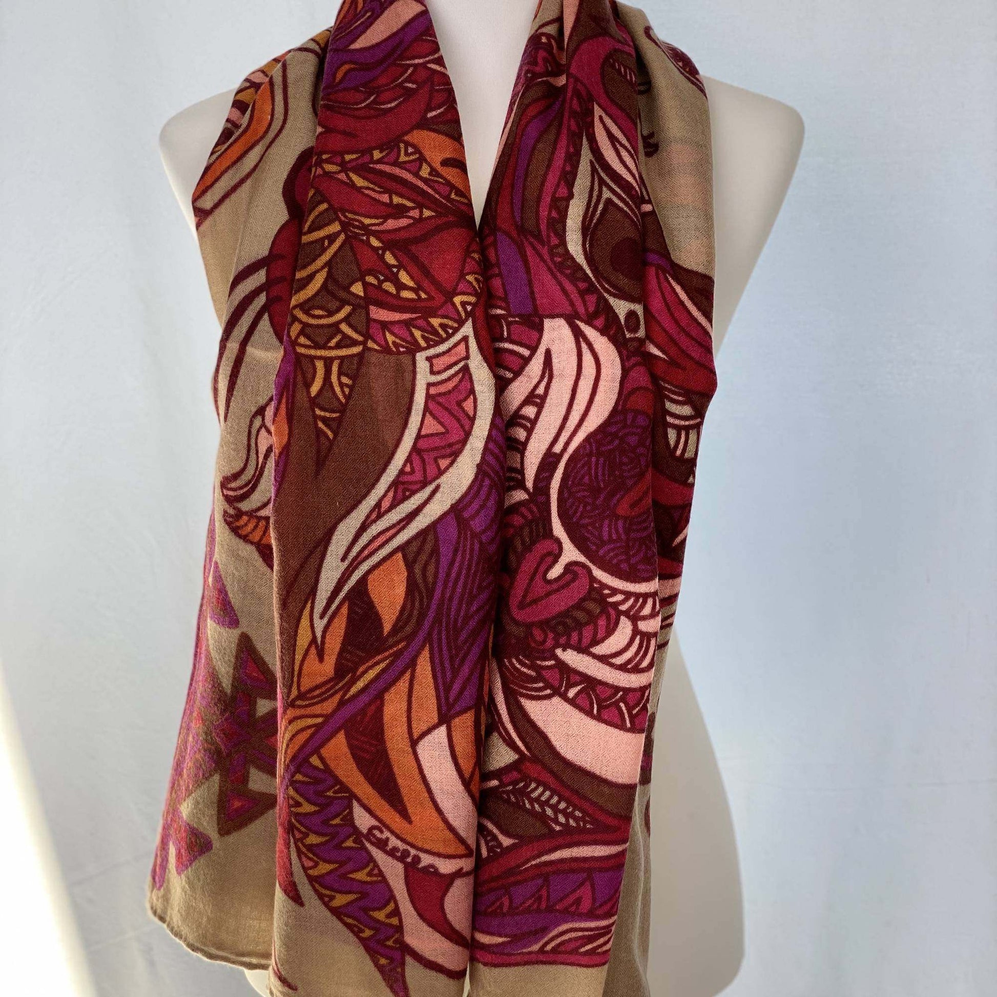 Carré Tuch, 100%  Kaschmir WILD LIFE,  150x150, Orange-Beige-pink, Limitiert