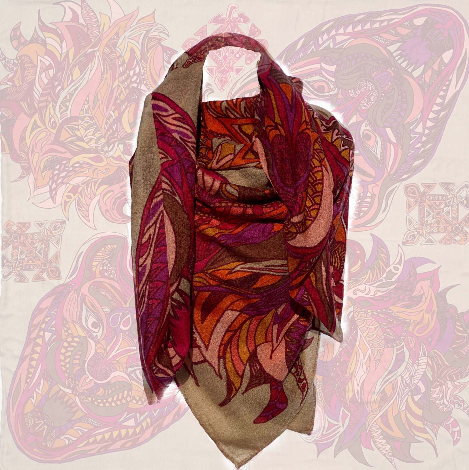 Carré Tuch, 100%  Kaschmir WILD LIFE,  150x150, Orange-Beige-pink, Limitiert