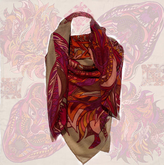 Carré Tuch, 100%  Kaschmir WILD LIFE,  150x150, Orange-Beige-pink, Limitiert