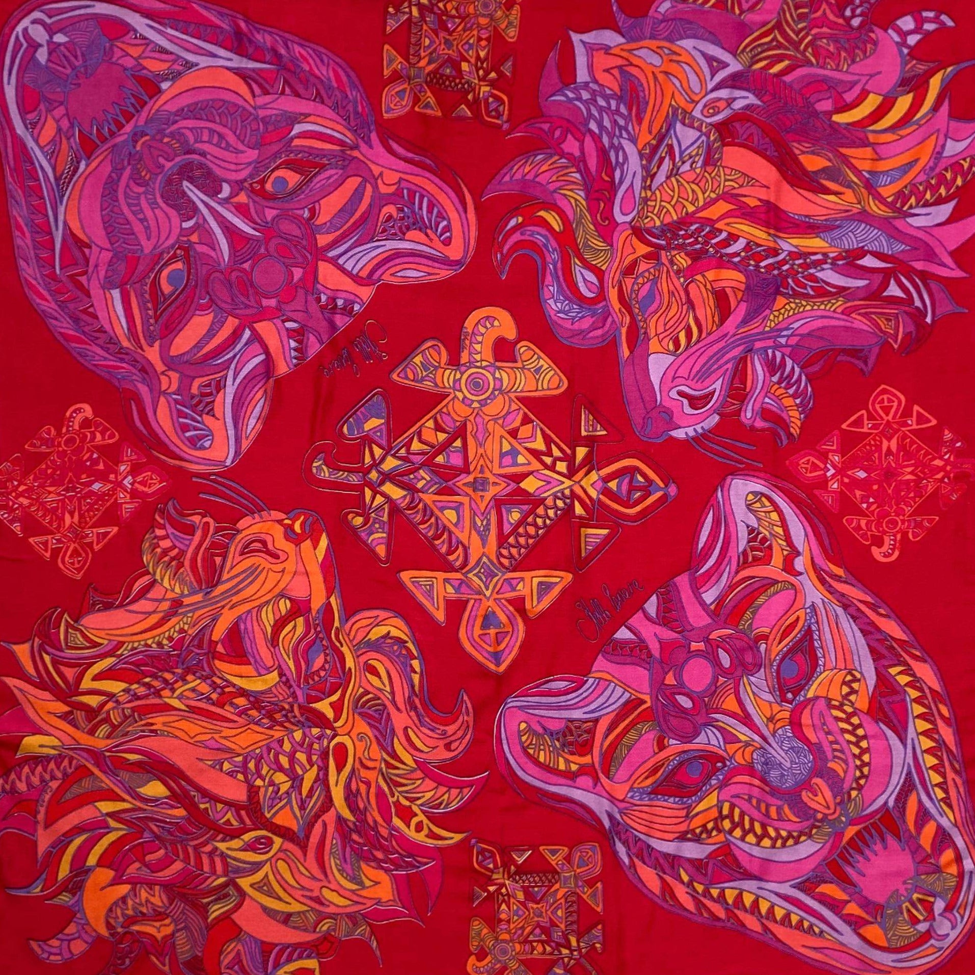 WILD LIFE Kaschmir /Seide Carre Tuch, Doubleface, rot & pink orange, limitiert 3/3