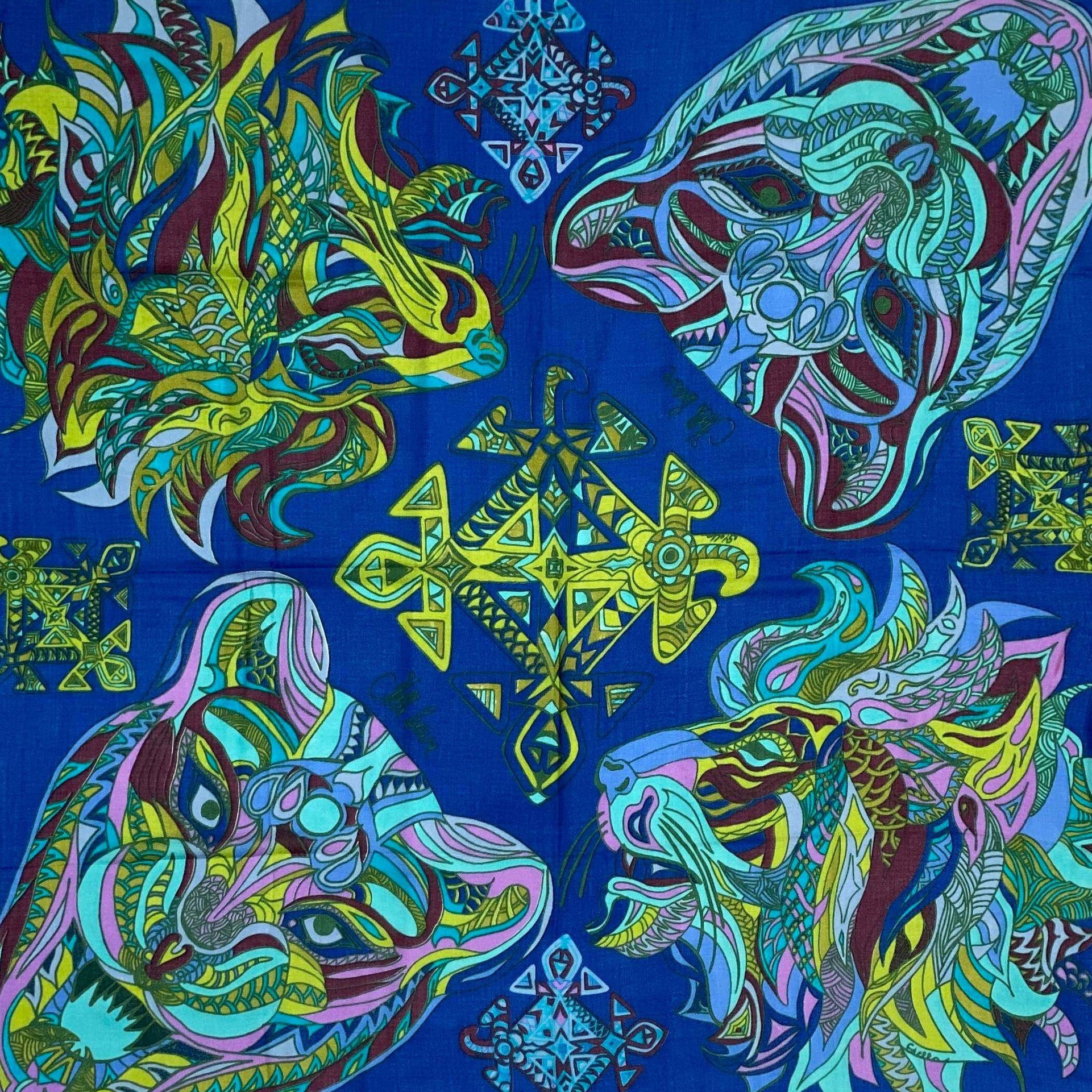 Kaschmir Tuch cashmere scarf carréWILD LIFE Kaschmir Carre Tuch, grün & pistazie & blau, limitiert 4/5