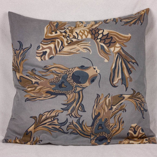 Kissen BLUE KOIS on grey Deco, aus Wolle & Seide Handgefertigt, Unikat