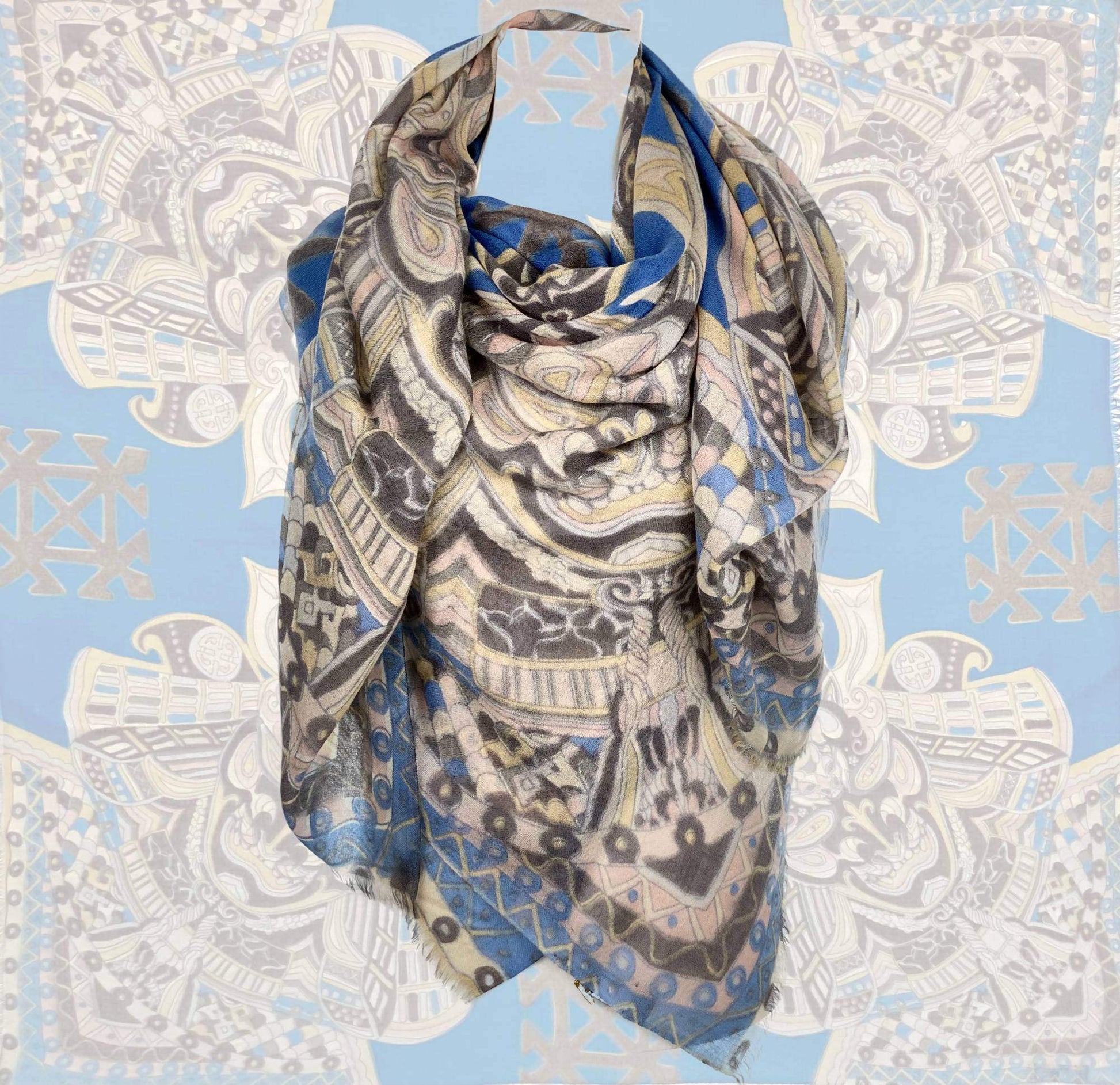 Tuch 4 BLUE SAMURAI , Kaschmir, 140x200 Handgewebt, Siebdruck, limitiert