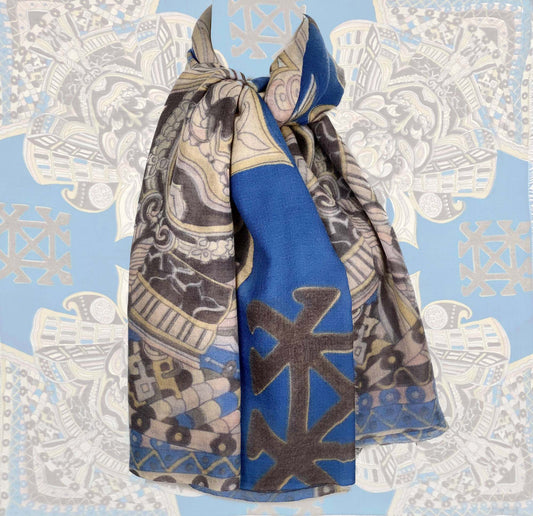 Tuch 4 BLUE SAMURAI , Kaschmir, 140x200 Handgewebt, Siebdruck, limitiert