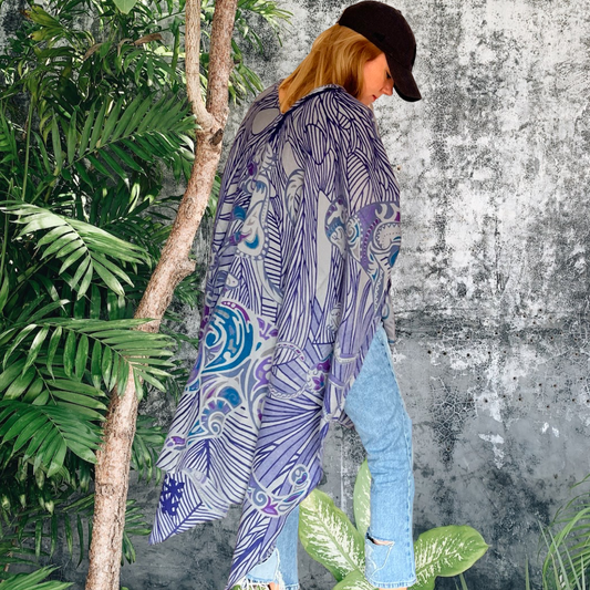 Cashmere CAPE - stole- handmade 200x140 JUNGLE LOVE Limited to 2 pieces! Purple, teal & grey