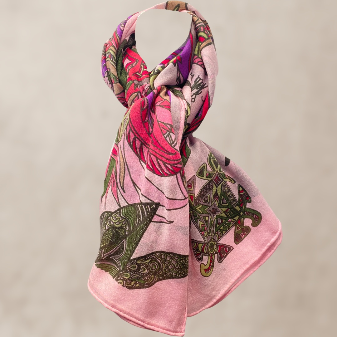 FLAMINGO GARDENS Changra Kaschmir Schal/Stola, Rosa & Grün, Limitierte Edition