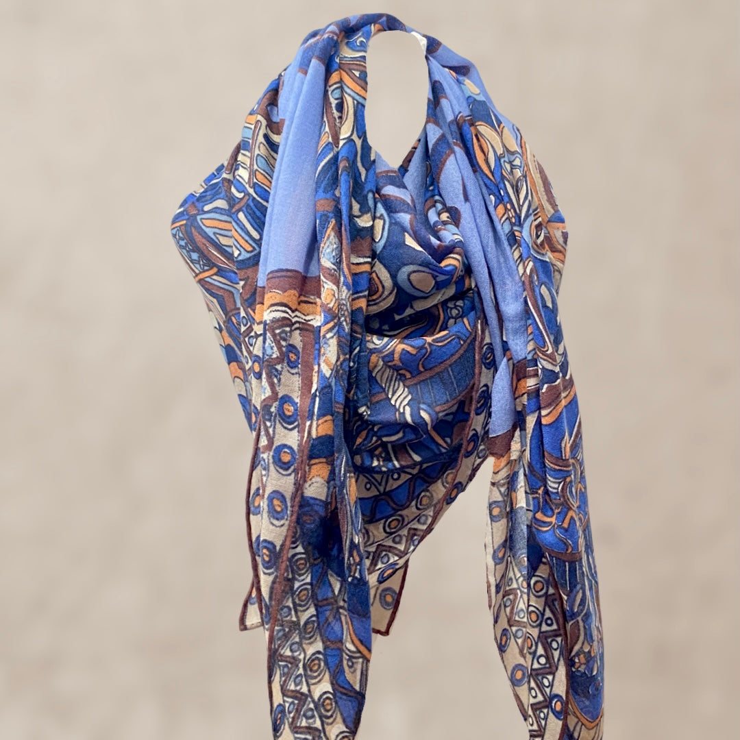 Tuch, 4 BLUE SAMURAI, XL Changra-Kaschmir Carée, blau-beige, limitiert