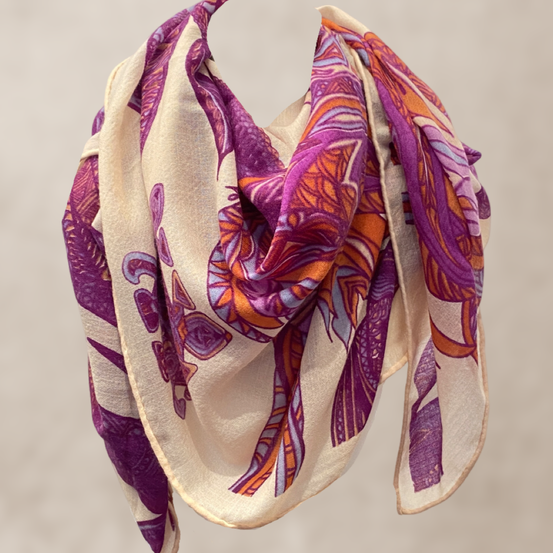 Kaschmir Schal - Stola - superfine AAA baby cashmere 140x200 „FLAMINGO GARDENS“ Limited Edition LILA & ORANGE