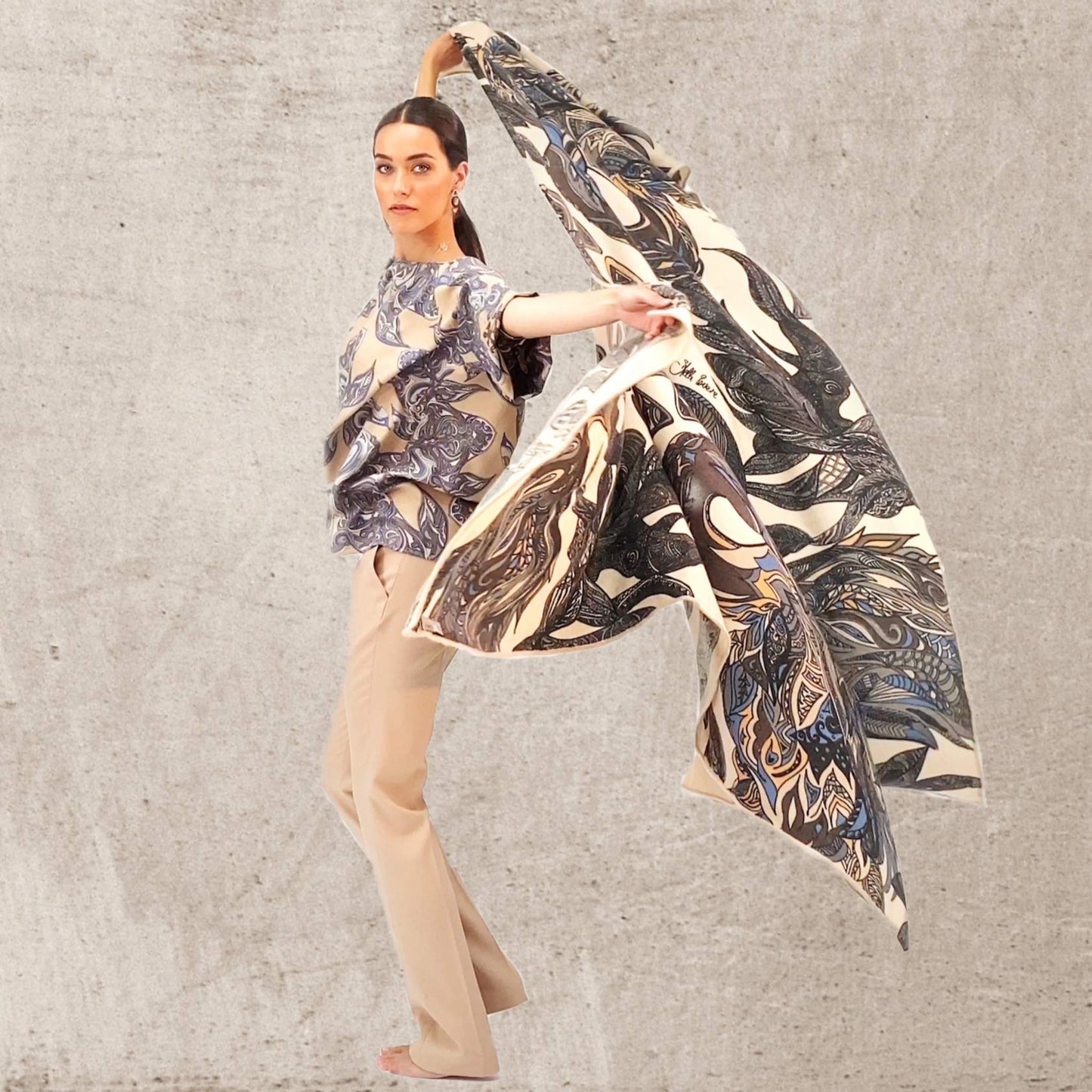 Cape FLAMINGO GARDEN 100% Kaschmir Cape, XL, denim black creme, Unikat