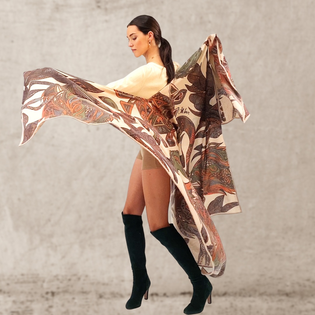 Cape FLAMINGO GARDEN Kaschmir Stola, autumn green & orange, limitiert