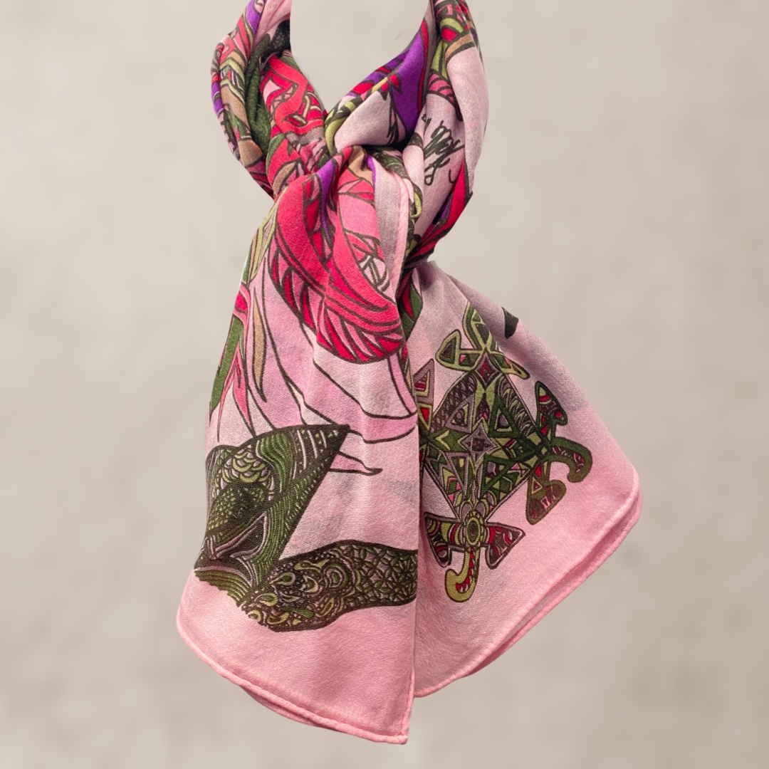 FLAMINGO GARDENS Changra Kaschmir Schal/Stola, Rosa & Grün, Limitierte Edition