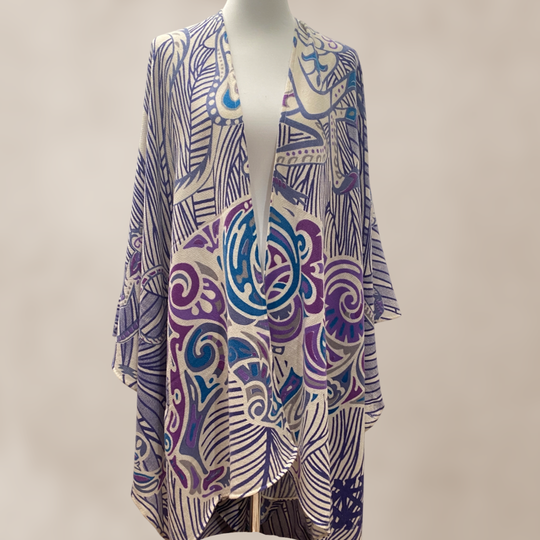 Cashmere CAPE - stole- handmade 200x140 JUNGLE LOVE Limited to 5 pieces! Lilac, teal and iris blue on cream & grey