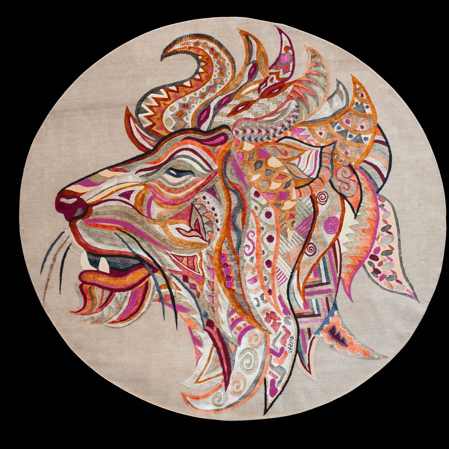 Teppich Kunst Unikat LION TREASURE  260x260 cm Knüpfzeit ca. 270 Tage