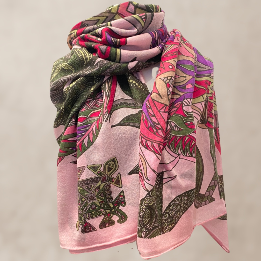 FLAMINGO GARDENS Changra Kaschmir Schal/Stola, Rosa & Grün, Limitierte Edition
