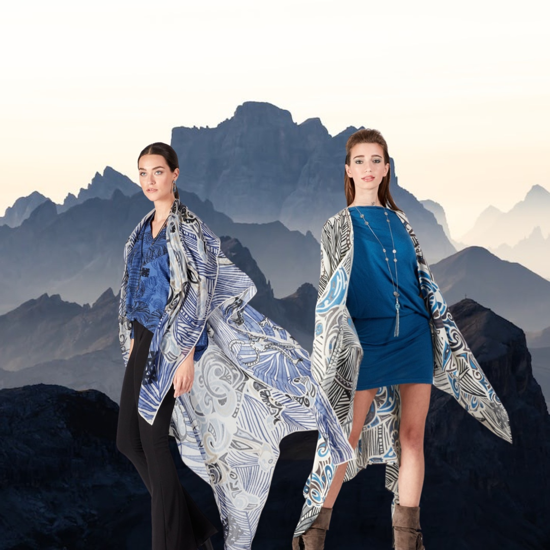 Kaschmir XL Schal BLUE JUNGLE, 140x200 cm, federleicht, Unikat, Motiv