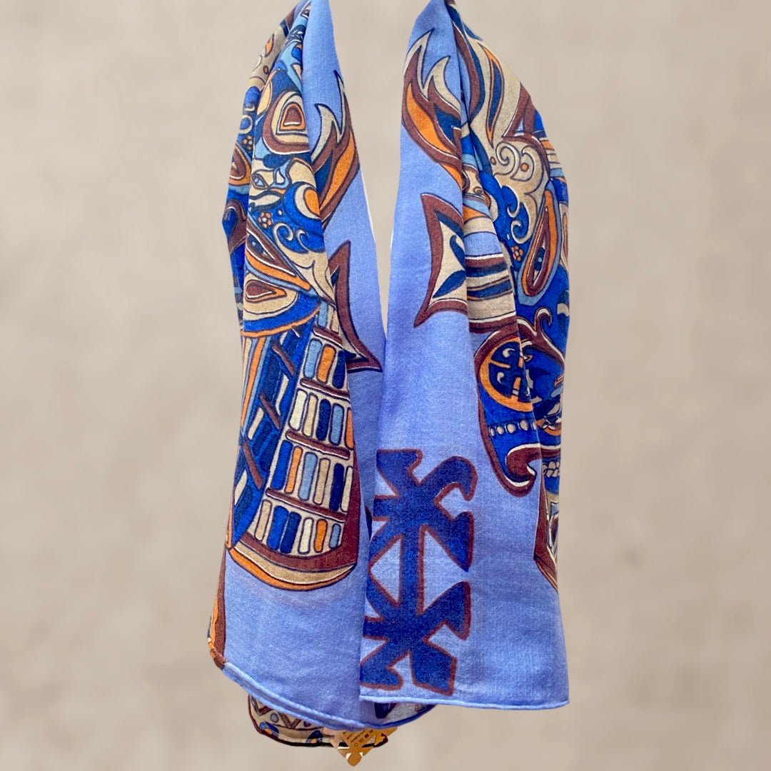 Tuch, 4 BLUE SAMURAI, XL Changra-Kaschmir Carée, blau-beige, limitiert