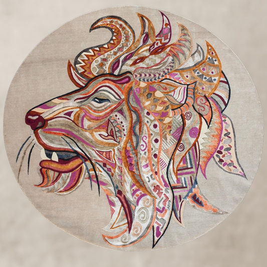 Teppich Kunst Unikat LION TREASURE  260x260 cm Knüpfzeit ca. 270 Tage