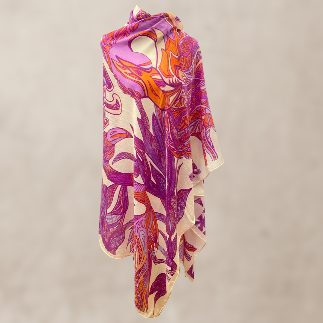 Kaschmir Schal - Stola - superfine AAA baby cashmere 140x200 „FLAMINGO GARDENS“ Limited Edition LILA & ORANGE