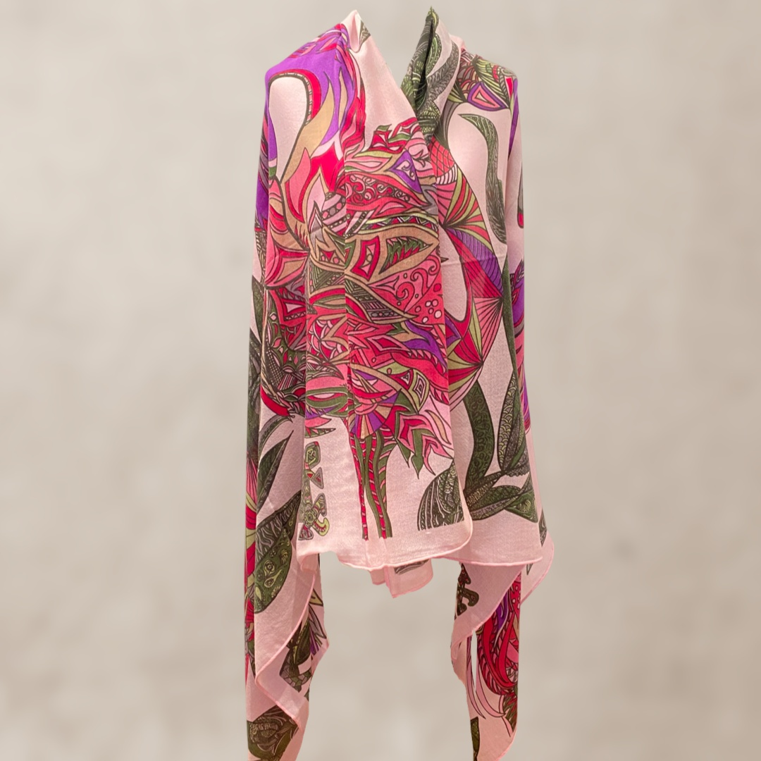 FLAMINGO GARDENS Changra Kaschmir Schal/Stola, Rosa & Grün, Limitierte Edition