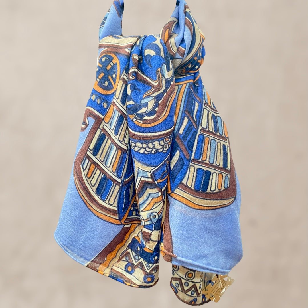 Tuch, 4 BLUE SAMURAI, XL Changra-Kaschmir Carée, blau-beige, limitiert