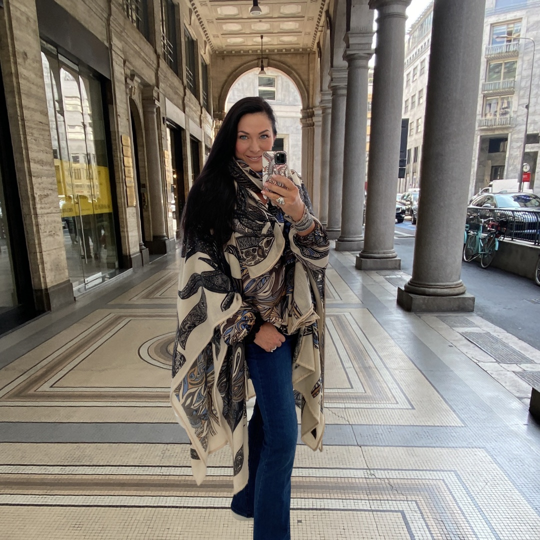 Cape FLAMINGO GARDEN 100% Kaschmir Cape, XL, denim black creme, Unikat