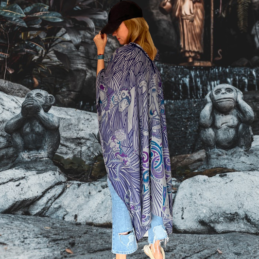 Cashmere CAPE - stole- handmade 200x140 JUNGLE LOVE Limited to 2 pieces! Purple, teal & grey