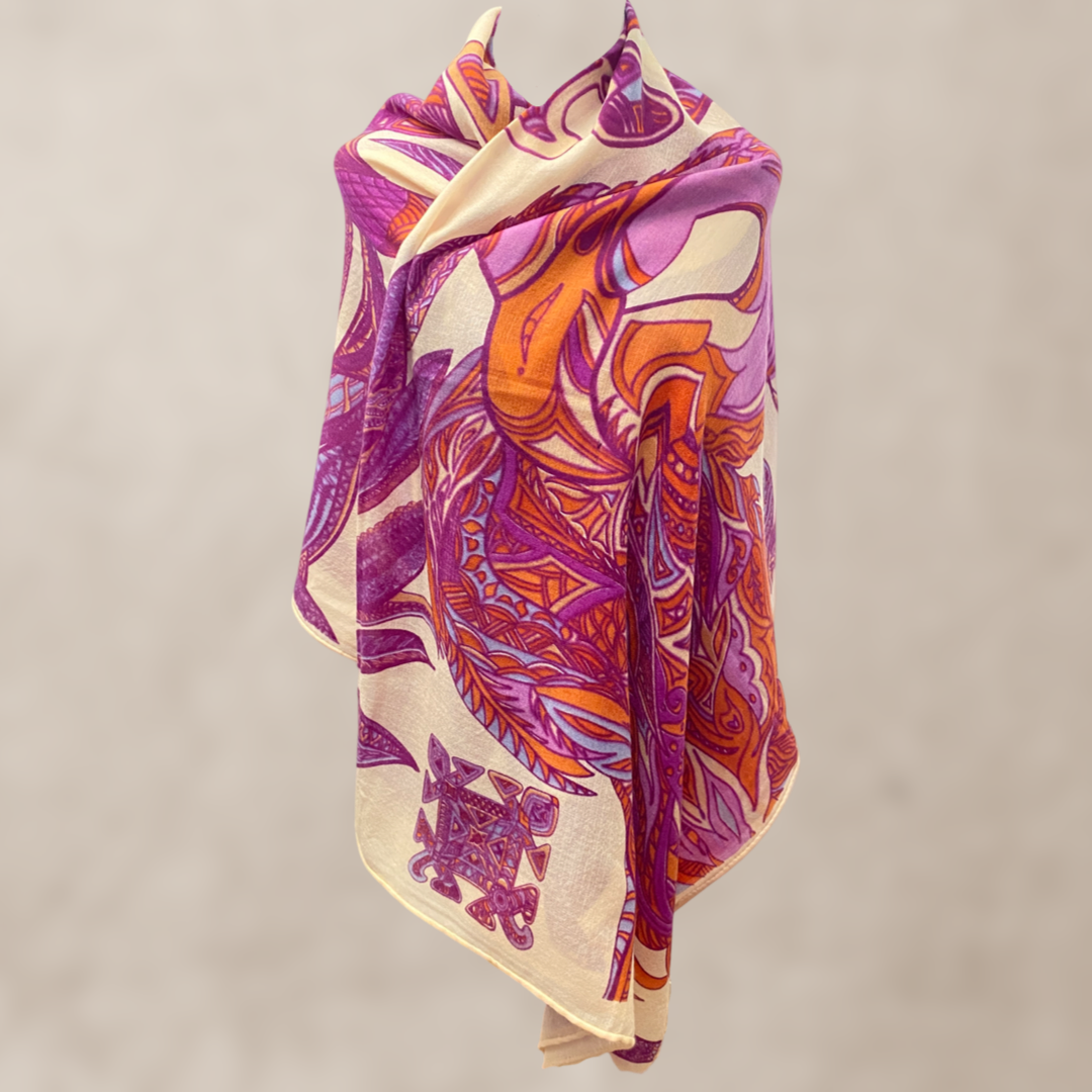 Kaschmir Schal - Stola - superfine AAA baby cashmere 140x200 „FLAMINGO GARDENS“ Limited Edition LILA & ORANGE