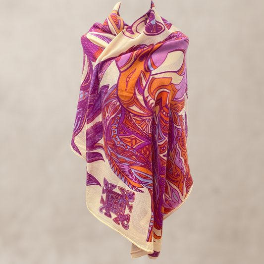 Kaschmir Schal - Stola - superfine AAA baby cashmere 140x200 „FLAMINGO GARDENS“ Limited Edition LILA & ORANGE