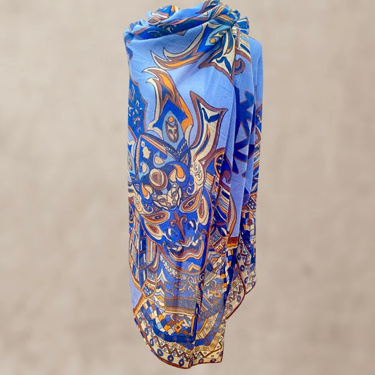 Tuch, 4 BLUE SAMURAI, XL Changra-Kaschmir Carée, blau-beige, limitiert