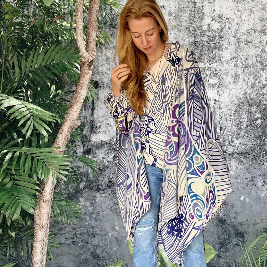 Cashmere CAPE - stole- handmade 200x140 JUNGLE LOVE Limited to 5 pieces! Lilac, teal and iris blue on cream & grey