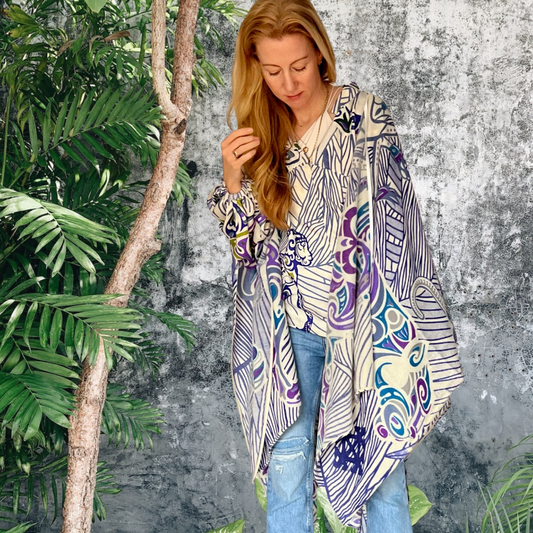 Cashmere CAPE - stole- handmade 200x140 JUNGLE LOVE Limited to 5 pieces! Lilac, teal and iris blue on cream & grey