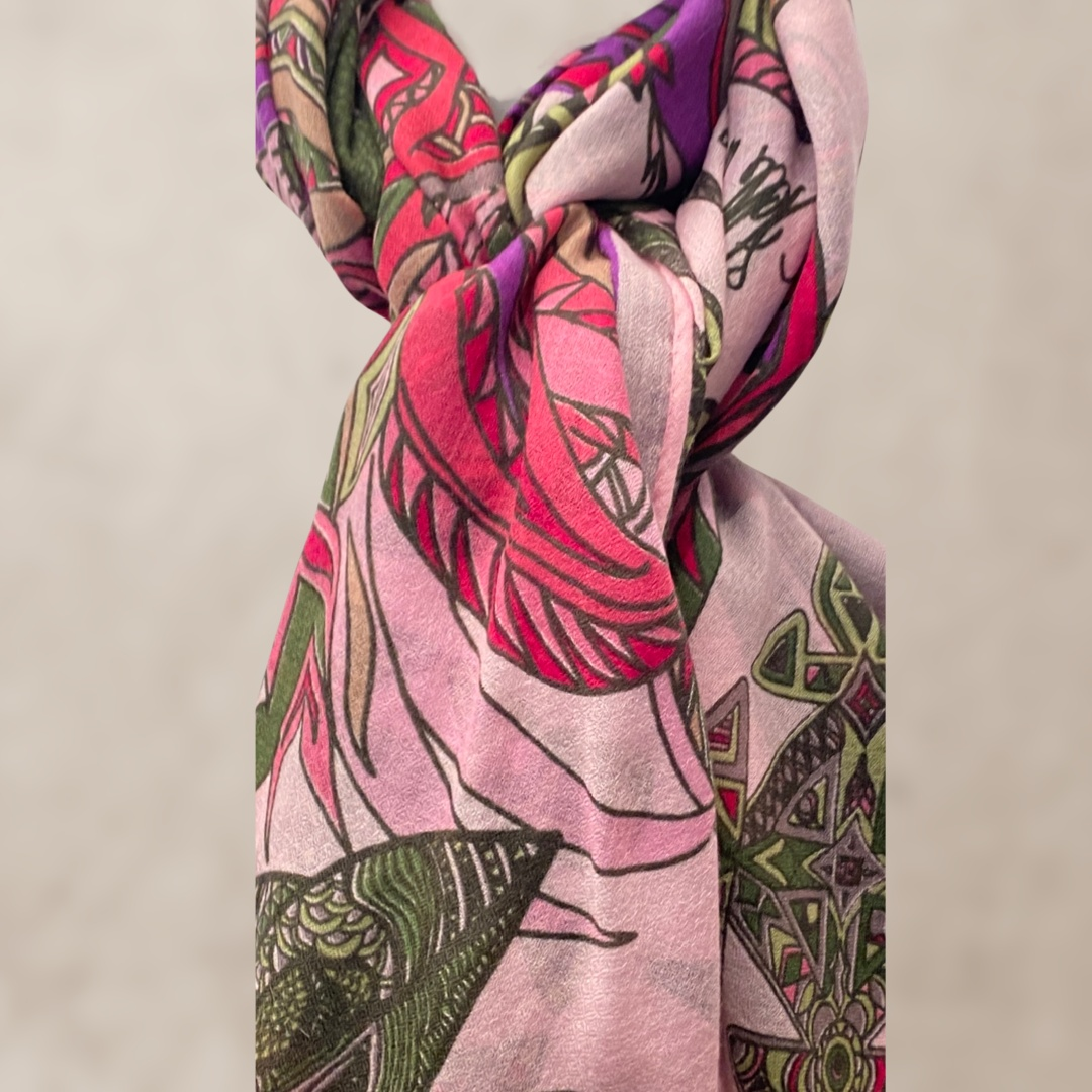 FLAMINGO GARDENS Changra Kaschmir Schal/Stola, Rosa & Grün, Limitierte Edition