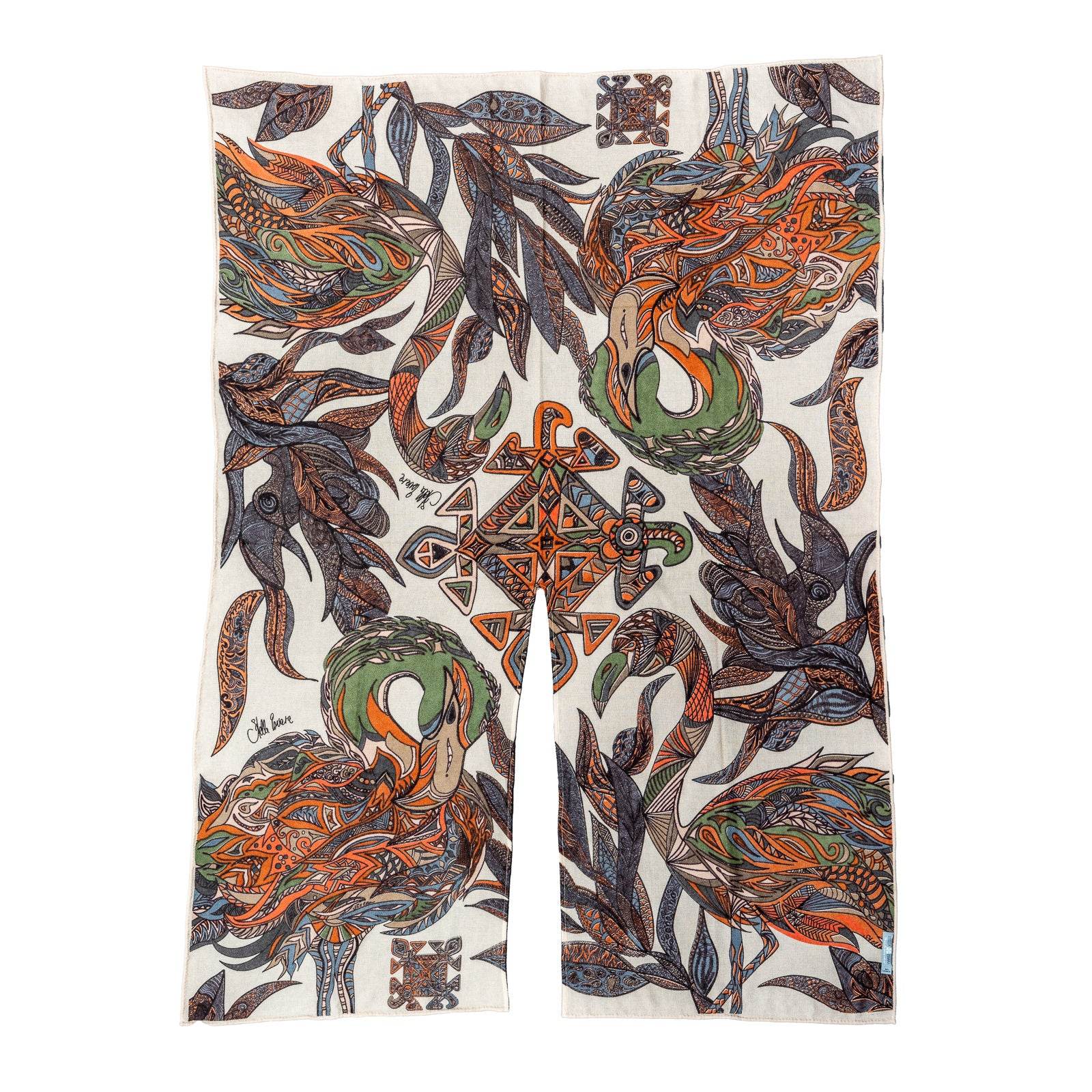 Cape FLAMINGO GARDEN Kaschmir Stola, autumn green & orange, limitiert