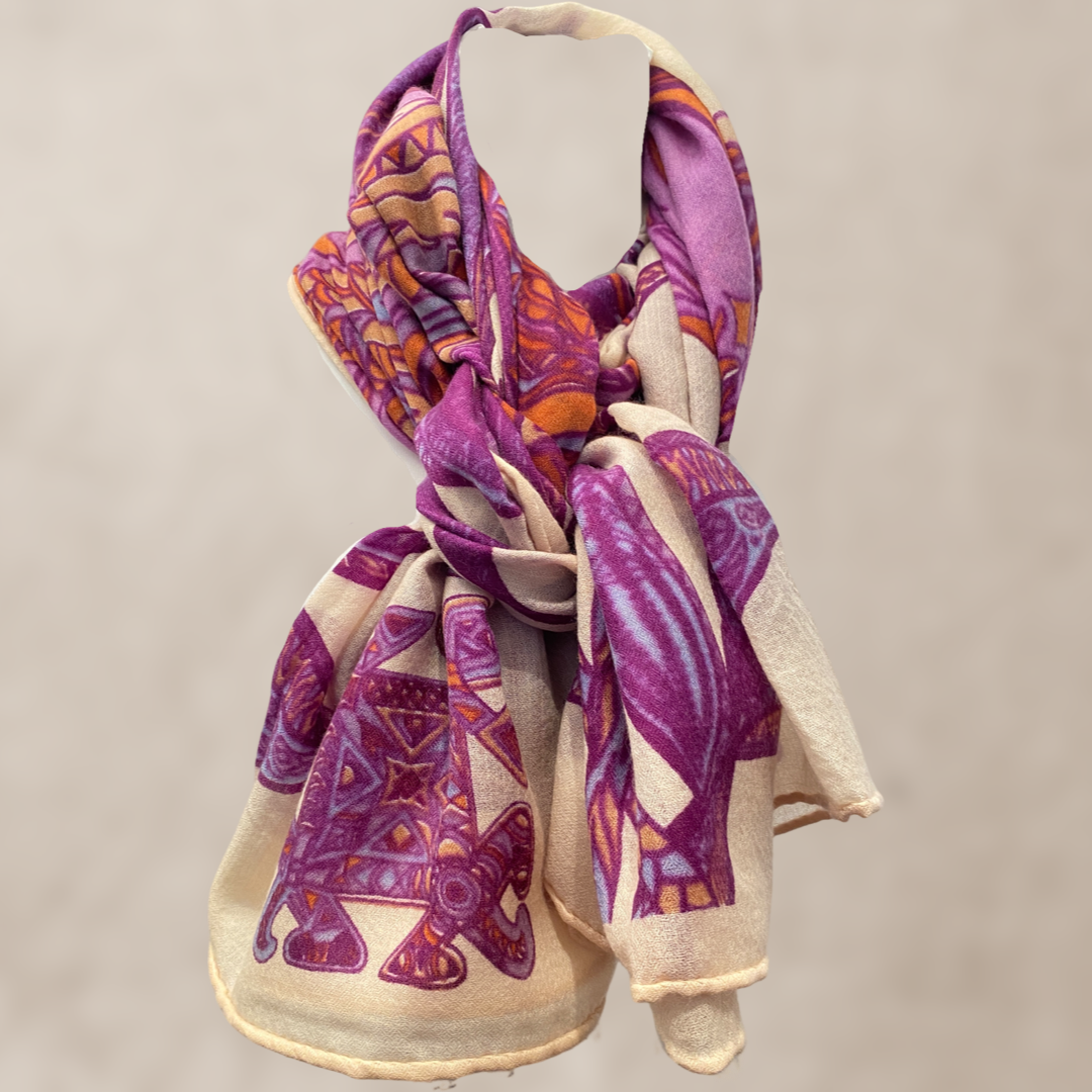 Kaschmir Schal - Stola - superfine AAA baby cashmere 140x200 „FLAMINGO GARDENS“ Limited Edition LILA & ORANGE