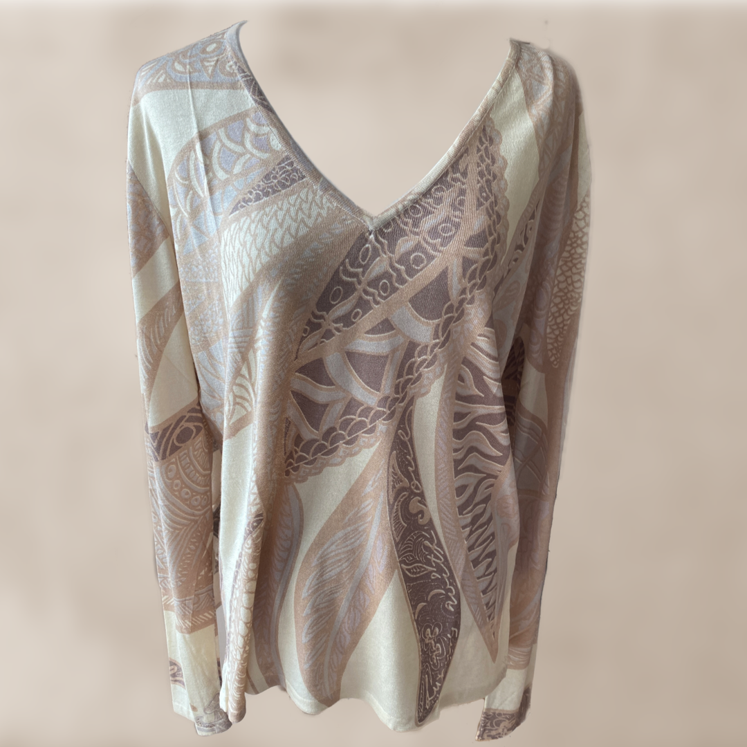 “SOUL LEAVES” fine knit sweater - beige & cream - hand printed from 100% light baby cashmere - limited to 3 pieces
