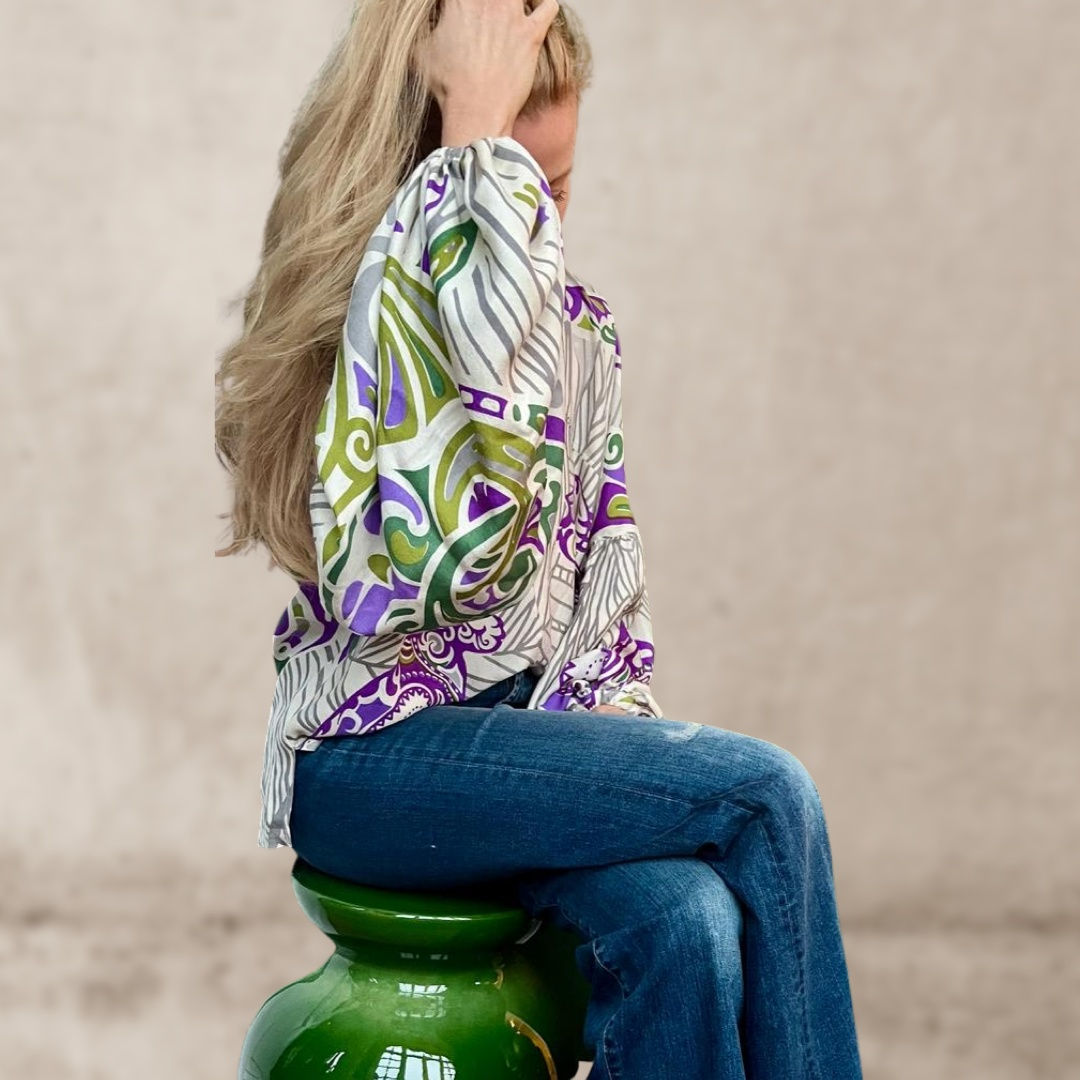 Bluse JUNGLE LOVE GREEN mit Ballon-Ärmeln Seide, Limited Stella Esvara