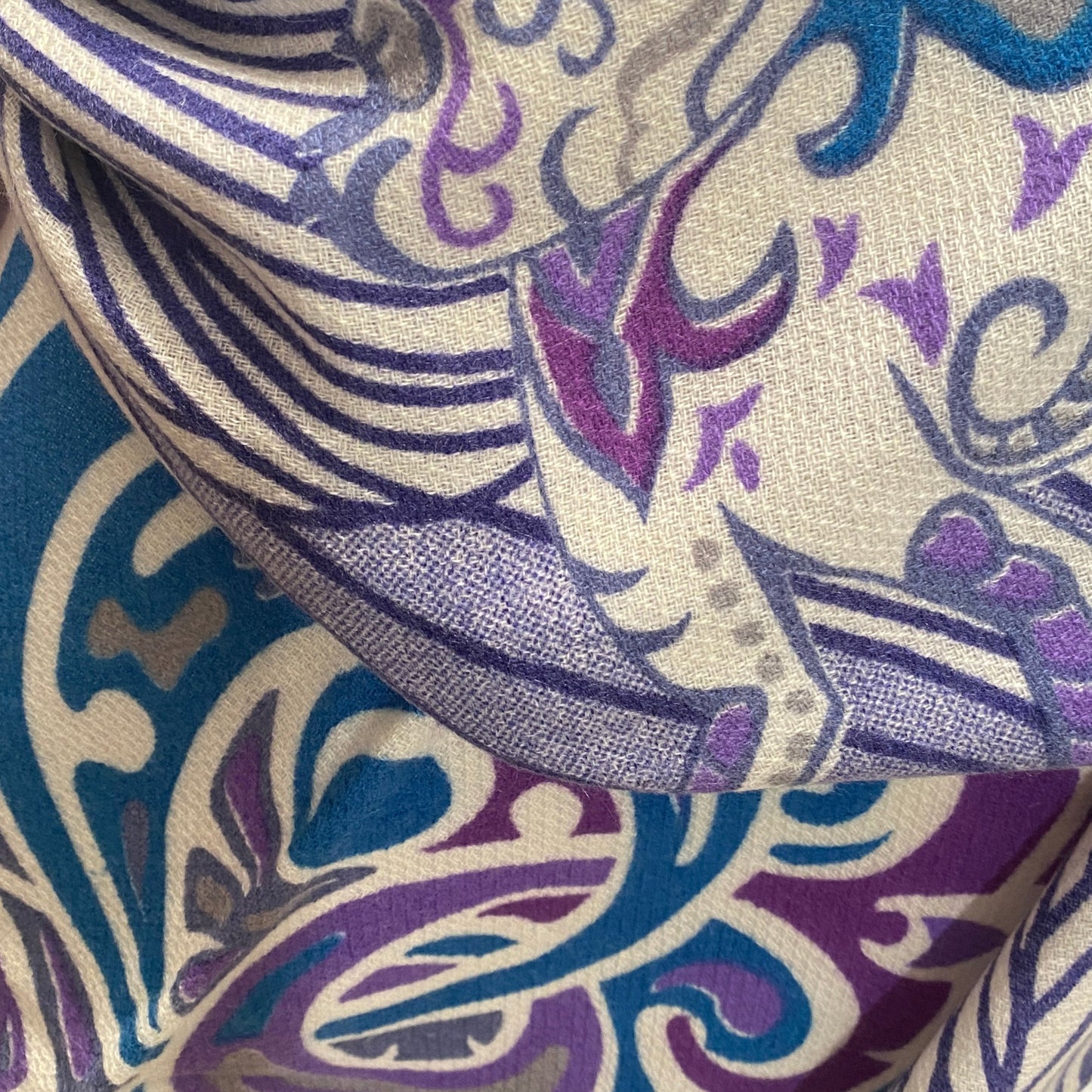 Cashmere CAPE - stole- handmade 200x140 JUNGLE LOVE Limited to 5 pieces! Lilac, teal and iris blue on cream & grey