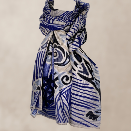 Kaschmir XL Schal BLUE JUNGLE, 140x200 cm, federleicht, Unikat, Motiv