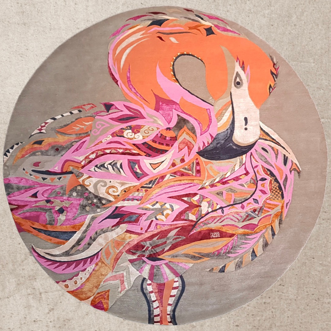 Teppich Kunst Unikat FIRE FLAMINGO, 260x260 cm, Knüpfzeit ca. 270 Tage