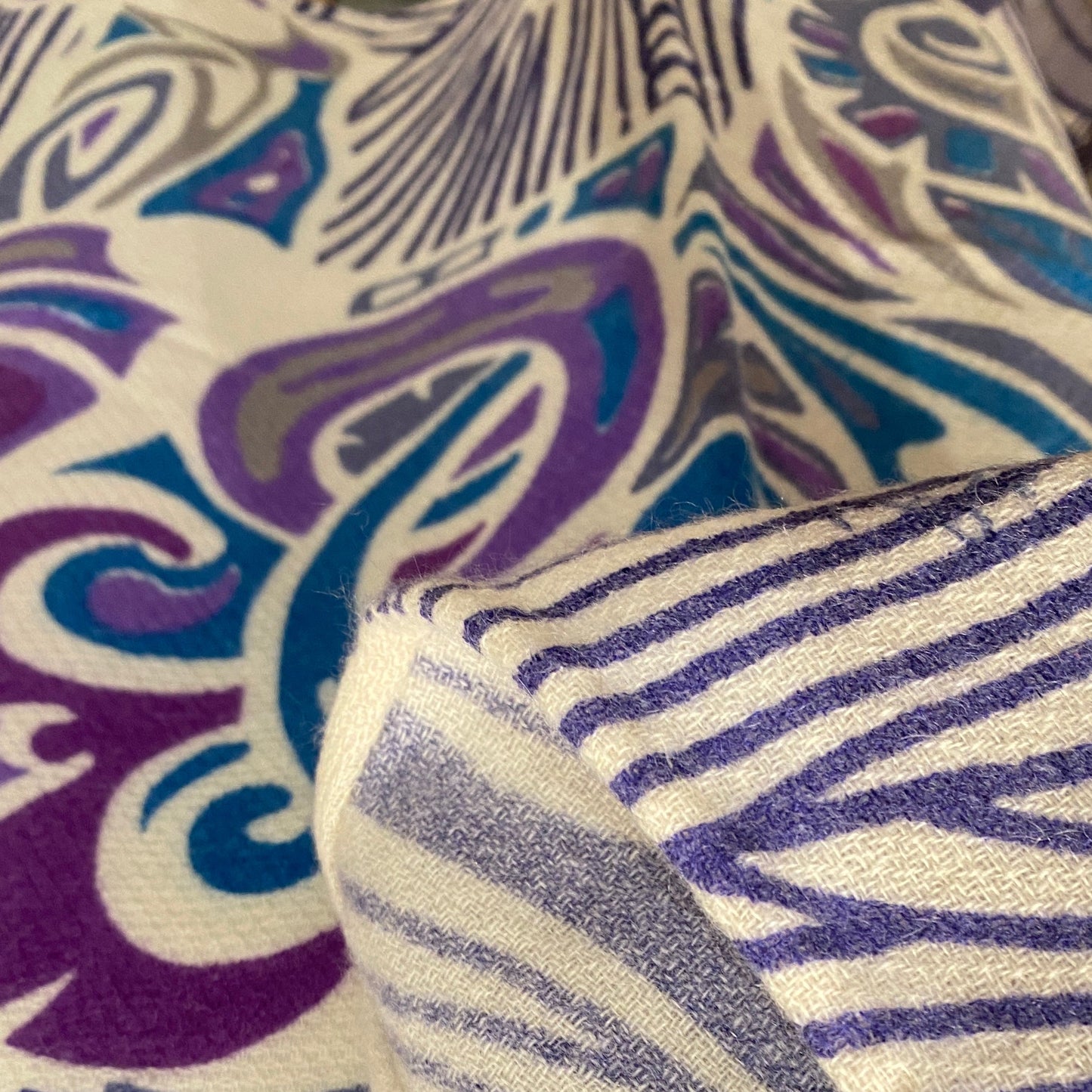 Cashmere CAPE - stole- handmade 200x140 JUNGLE LOVE Limited to 5 pieces! Lilac, teal and iris blue on cream & grey