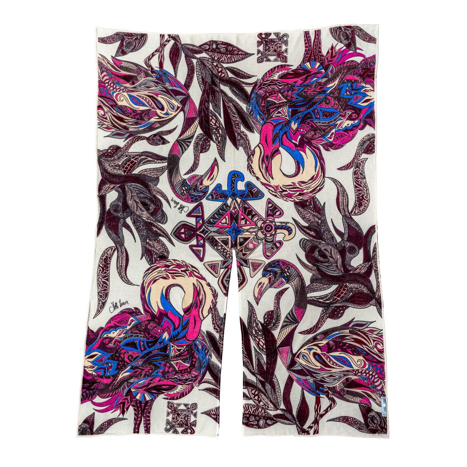 FLAMINGO GARDEN Baby-Kaschmir Cape/Stola, pink&blue on light beige