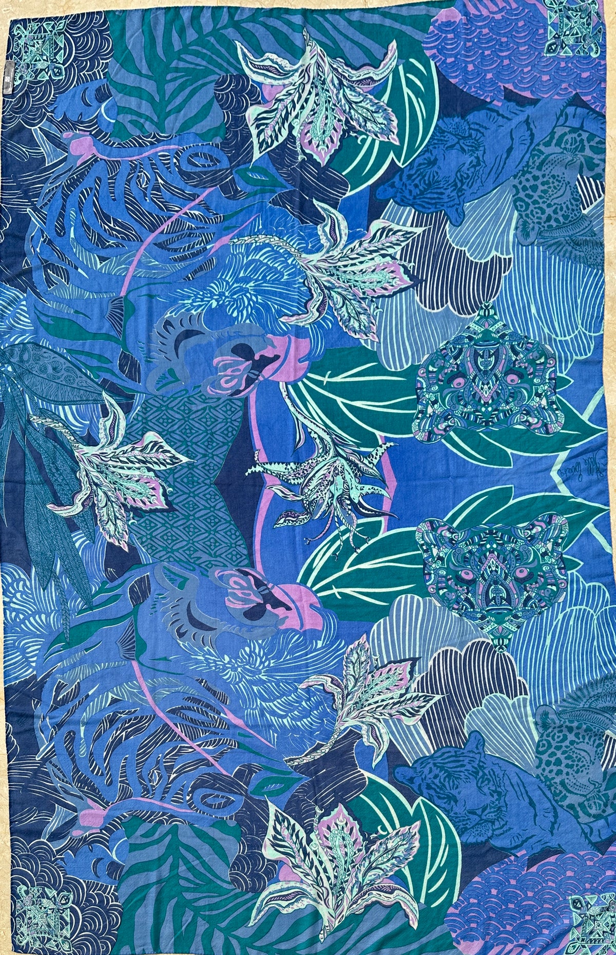 WILD FAMILY BONDS leichter Kaschmirschal, petrol, pink & turquoise & blues - Limitiert auf 5 Stück