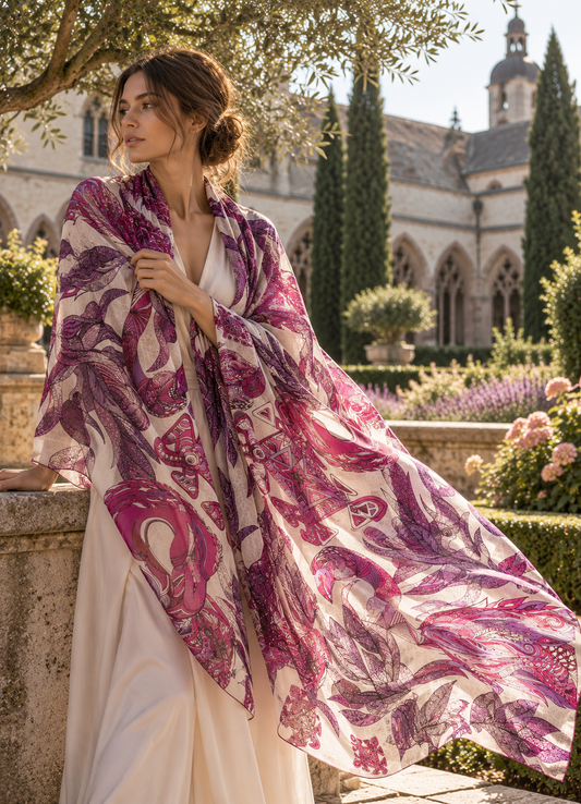 FLAMINGO GARDENS - Kaschmir XL Schal - Limited Edition / Cashmere Beige & Plum & Berry tones