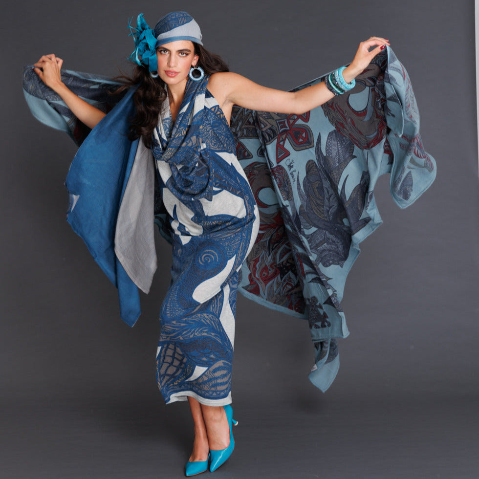 Kaschmir Stola oder Kleid - SOUL LEAVES 100% Cashmere Feinstrick XL 200x200 - blau petrol & greige