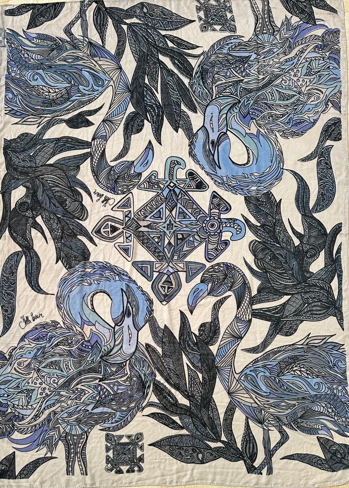Kaschmir XL Schal „FLAMINGO GARDENS“ Limited Edition / Cashmere beige& Blues